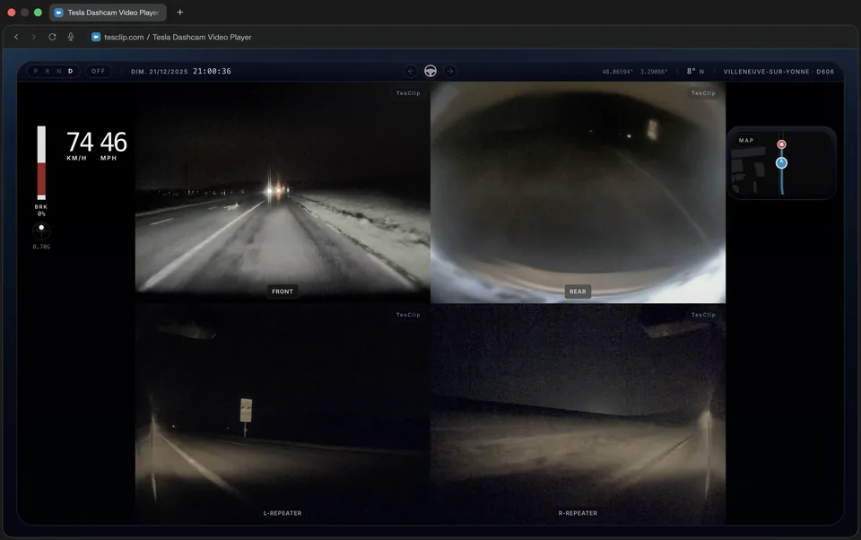 Interface de TesClip avec les caméras synchronisées et les données de la dashcam